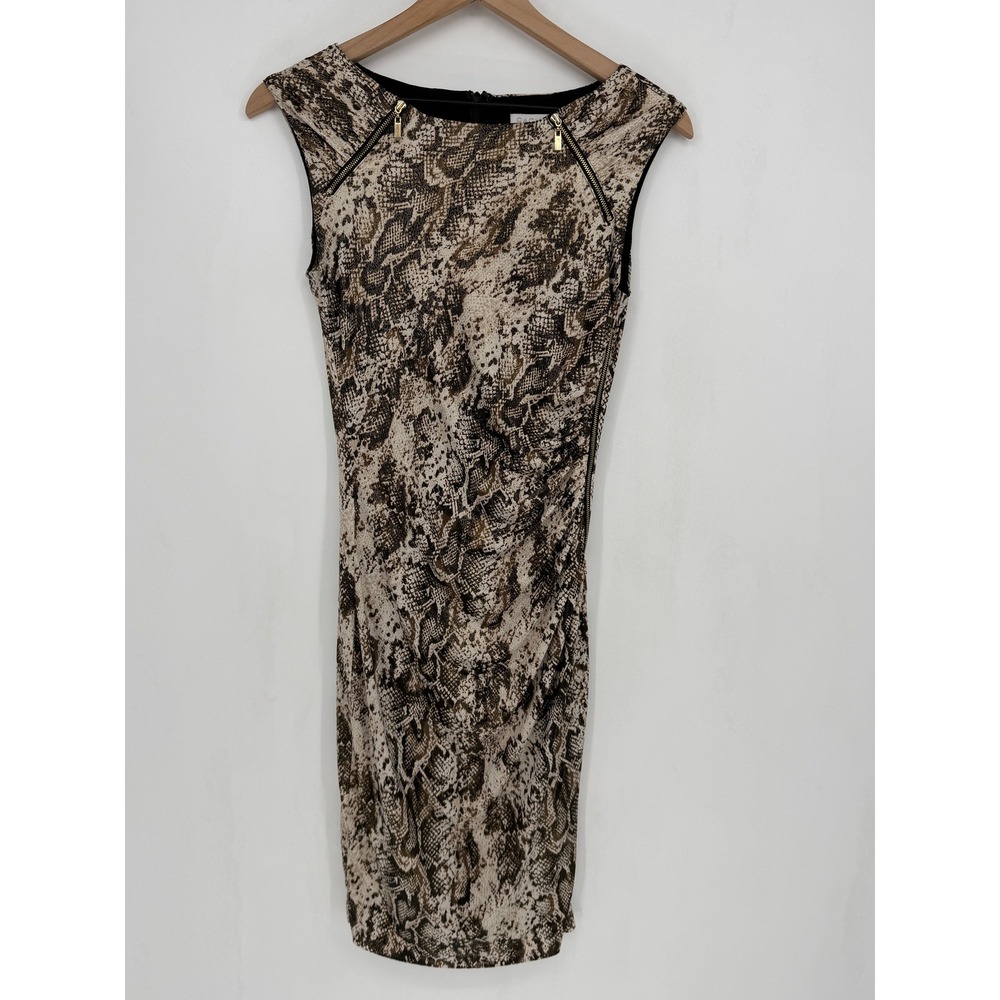 Cache Snakeskin Sheath Dress XS Brown Gold Zip Detail Animal Print Night Out